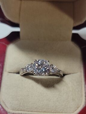 Classic Three-Stone Silver Tone Engagement Ring with Clear Stones